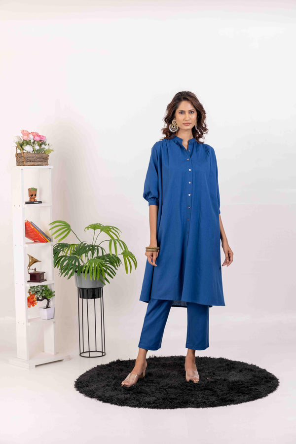 Blue Long Mandarin Collor Kurta With pants