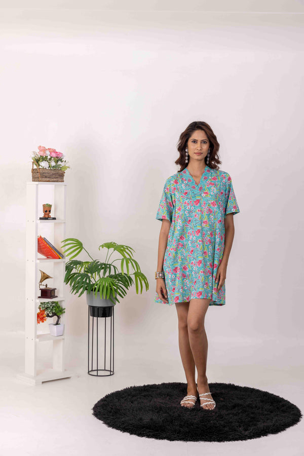 Blue Cotton Printed Short Sleeve Summer Dress