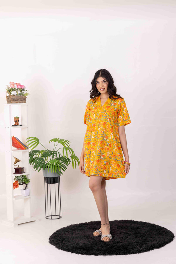 Yellow Cotton Printed Short Sleeve Summer Dress