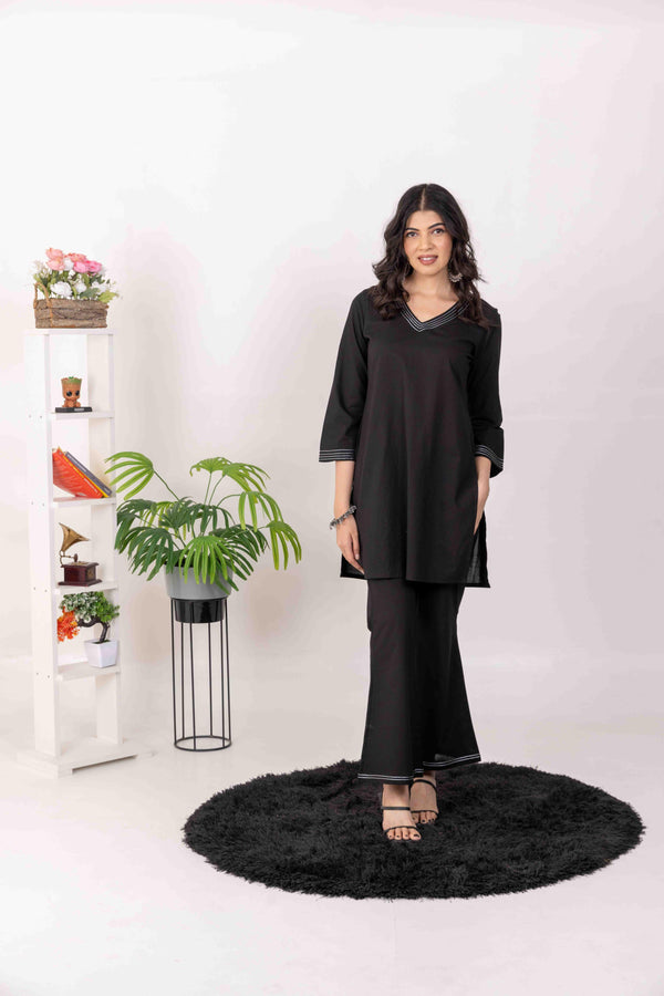 Black Casual Cotton Co-Ord Set with Zari Embroidery