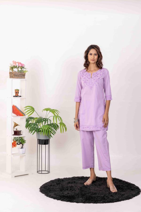 Long Embroidered Kurta With Palazzo -LILAC