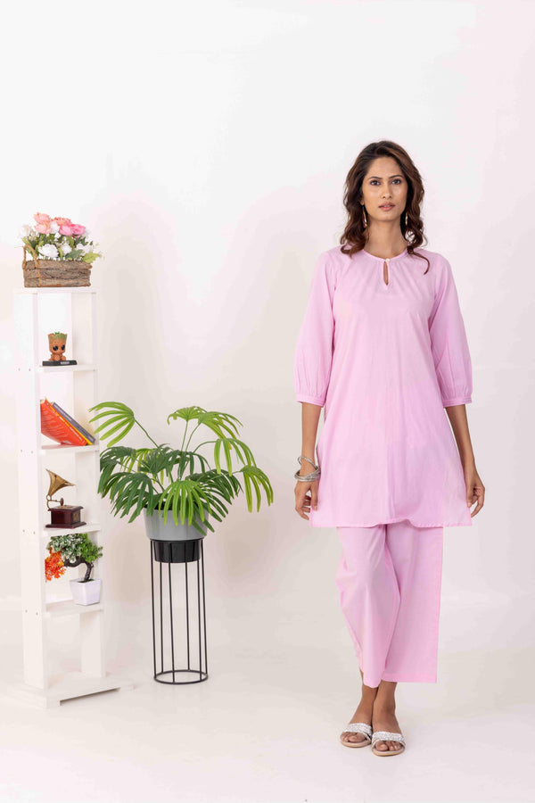 Light Pink Everyday Cotton Co-Ord Set with Zari Embroidery