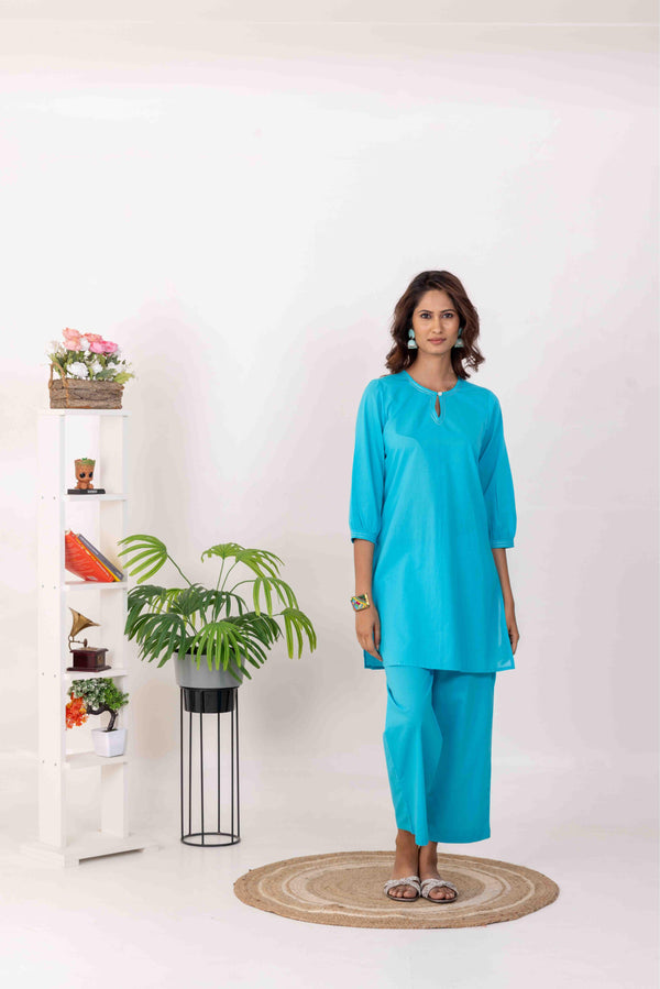 Turquoise Everyday Cotton Co-Ord Set with Zari Embroidery