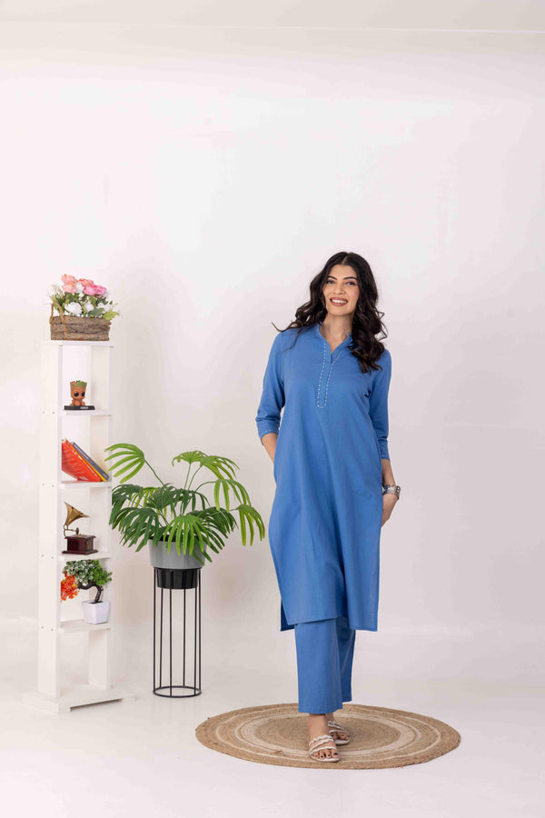 Blue Long Kurta Co-Ord Set with Handwork