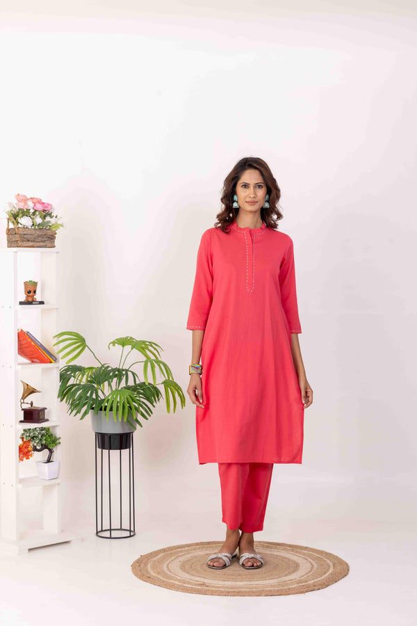 Coral Long Kurta Co-Ord Set with Handwork