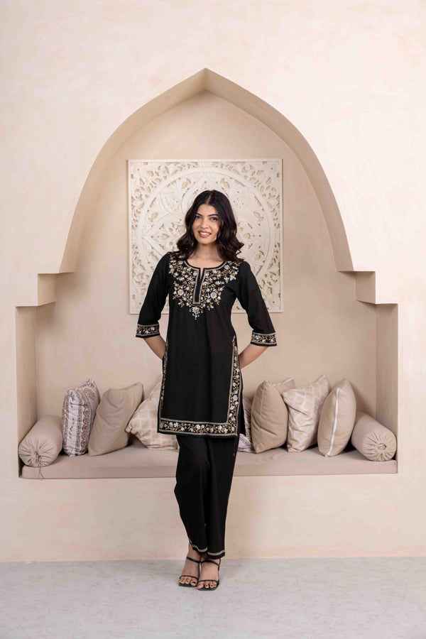 Long Embroidered Kurta With Palazzo - Black (Silver & Gold)