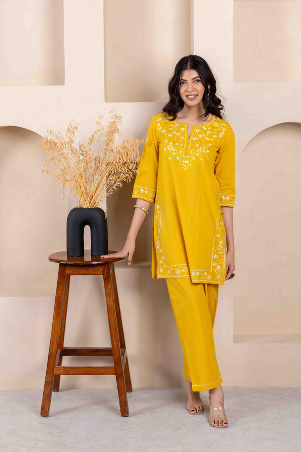 Long Embroidered Kurta With Palazzo - Mustard