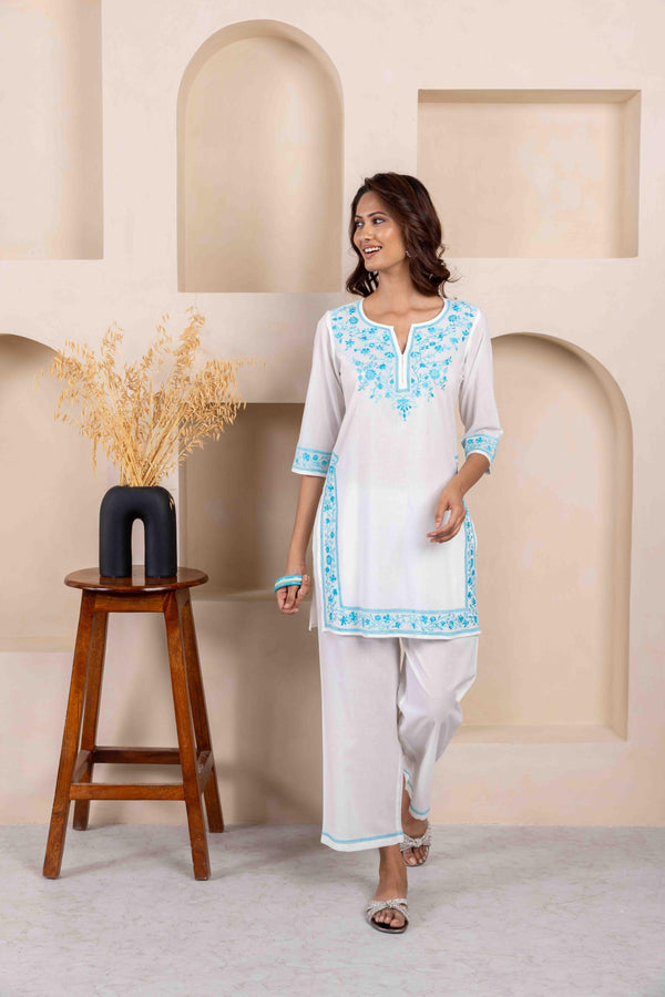 Long Embroidered Kurta With Palazzo -White