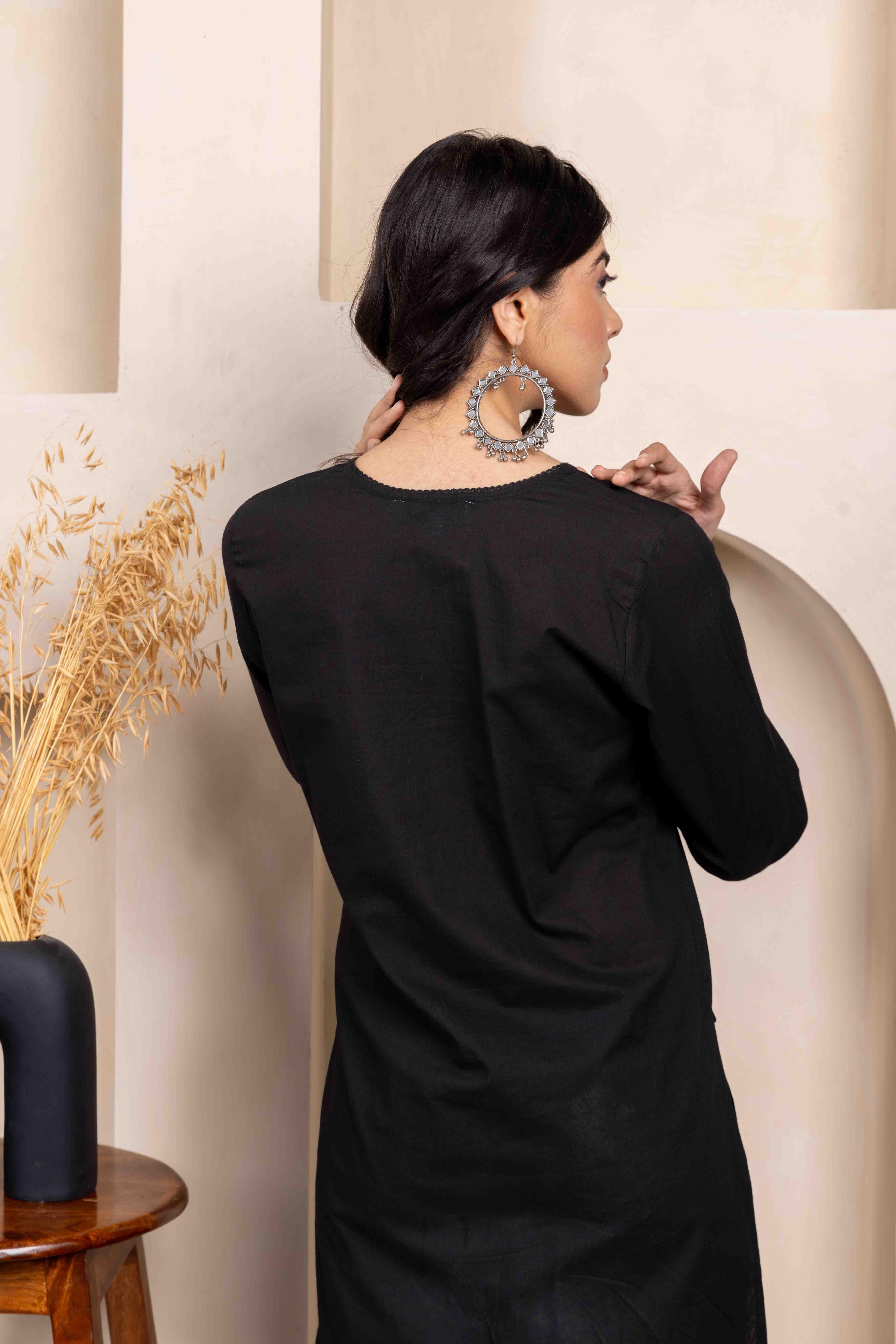 Black Everyday Cotton Co-Ord Set with Lace Detail – InaayaJaipur