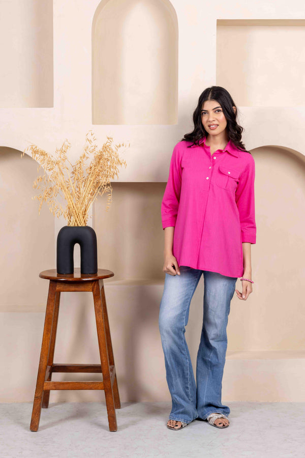 Dark Pink Regular Collar Top with Pocket