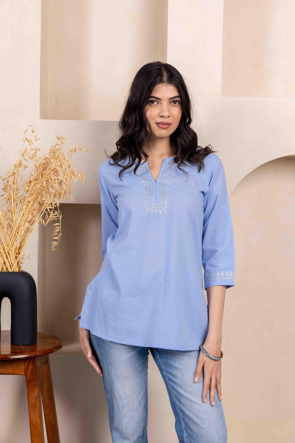 Light Blue Casual Cotton Aari Embroidery Kurta