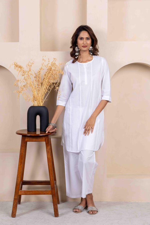 White Everyday Cotton Pintuck Kurta Co-Ord Set