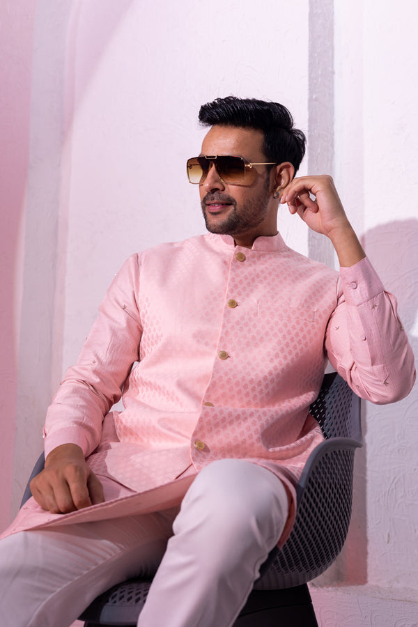 Pink Jacquard Nehru Jacket For Men by INAAYA JAIPUR