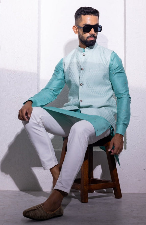 Green Jacquard Nehru Jacket For Men by INAAYA JAIPUR