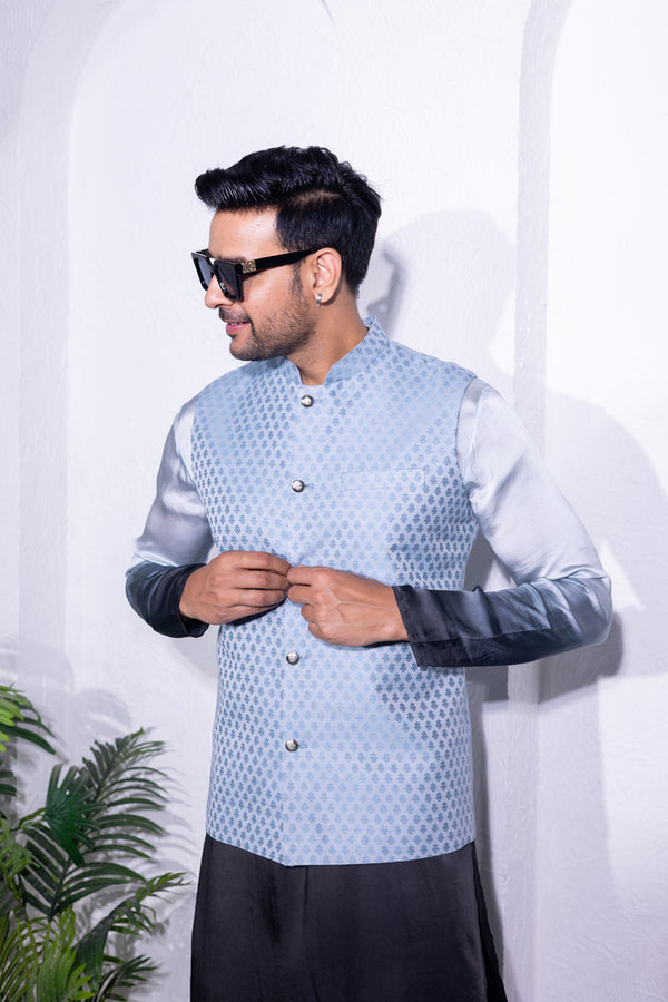 Blue Jacquard Nehru Jacket For Men's by INAAYA JAIPUR