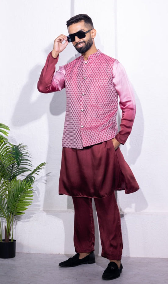 Maroon Jacquard Nehru Jacket For Men by INAAYA JAIPUR