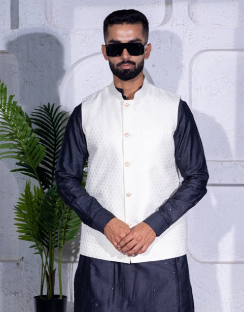 Off white Jacquard Nehru Jacket For Men by INAAYA JAIPUR