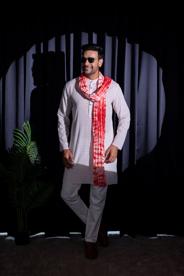 Off-White-Red Dobby Kurta Set With Tie Dye Stole