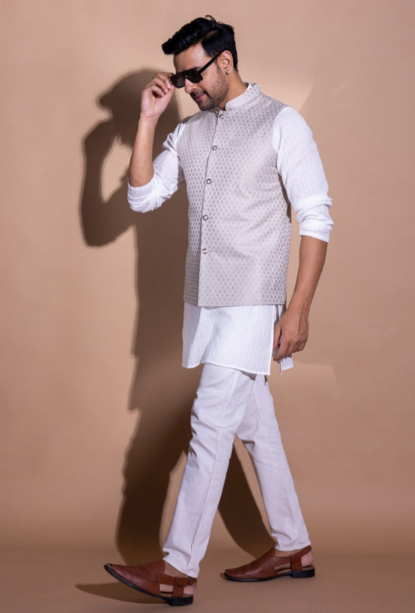 Beige Jacquard Nehru Jacket For Men by INAAYA JAIPUR