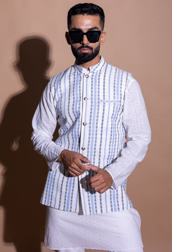 Blue & White Striped Cotton Nehru Jacket - White & Blue