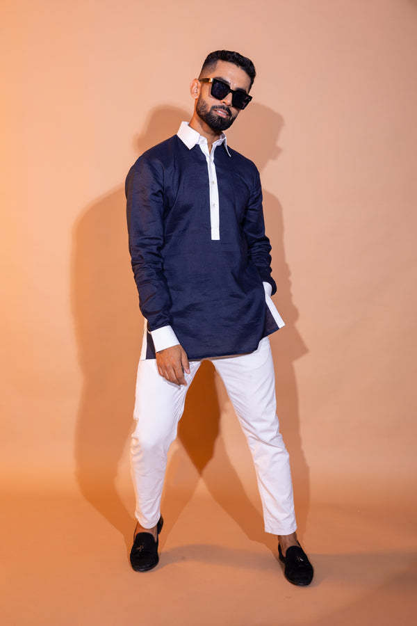 Pure Linen Contrast Collar Shirt - Navy