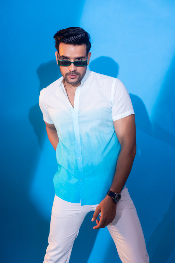 Nehru Collar Ombre Half Sleeve Cotton Shirt - Turquoise