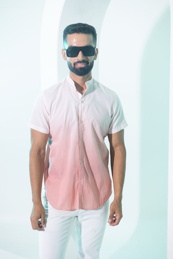 Nehru Collar Ombre Half Sleeve Cotton Shirt - Peach