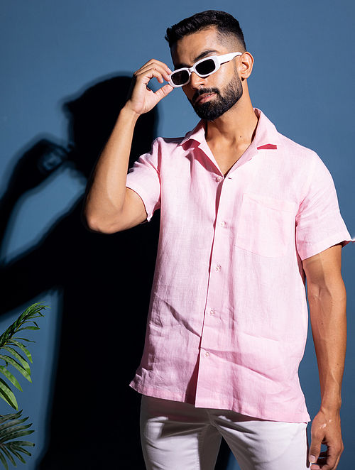 Pure Linen Half Sleeve Shirt - Pink