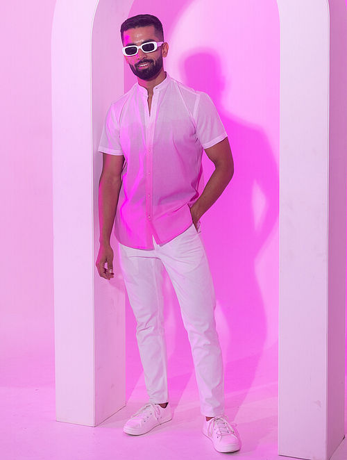 Nehru Collar Ombre Half Sleeve Cotton Shirt - Pink