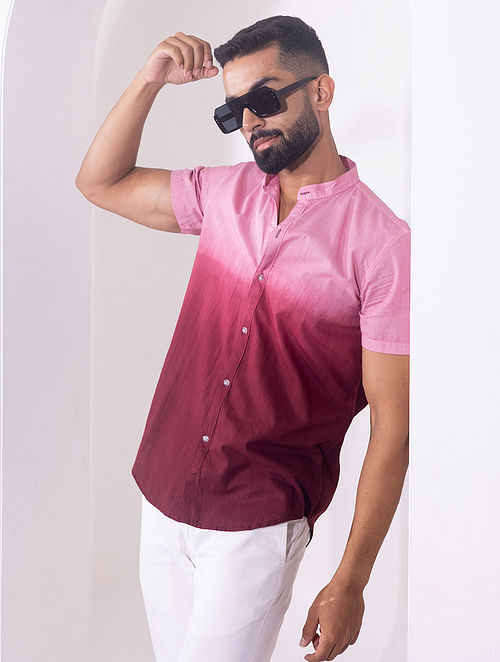 Nehru Collar Ombre Half Sleeve Cotton Shirt - Maroon