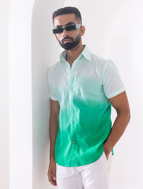 Ombre Half Sleeve Regular Cotton Shirt - Sea Green