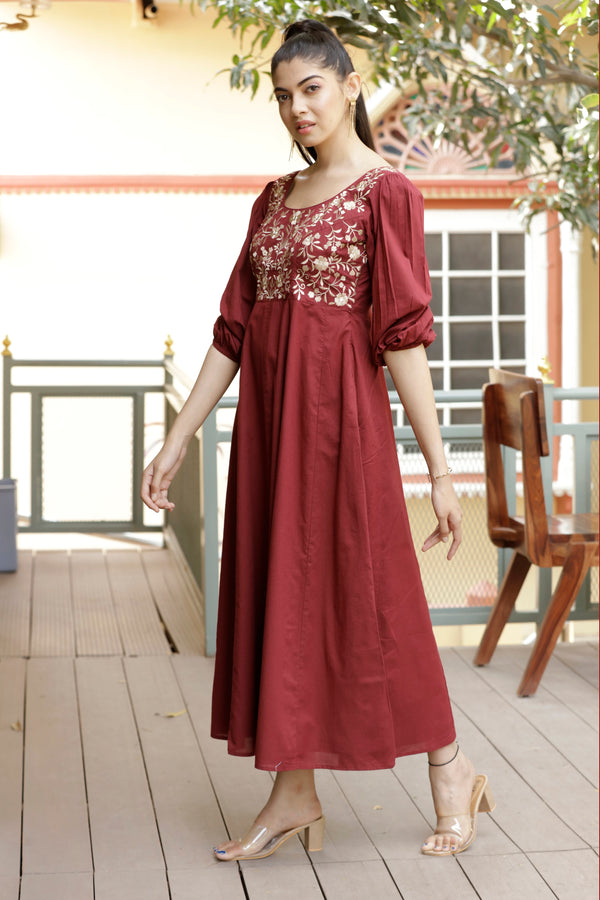 Cotton Embroidered Long Dress - Maroon