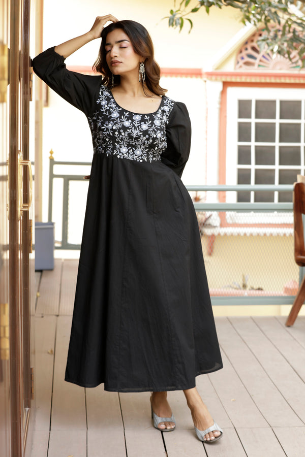 Cotton Embroidered Long Dress - Black