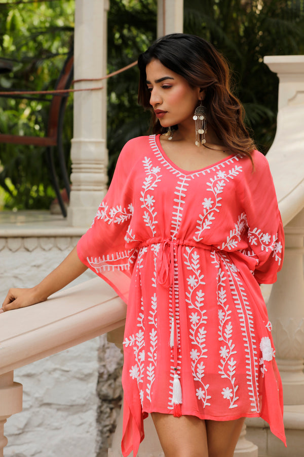 Short Georgette Kaftan With Aari Embroidery - Coral Off White