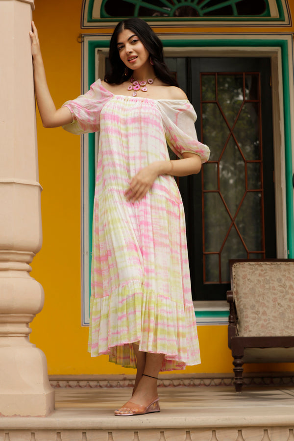 Georgette Tie Dye Long Dress - Pink & Yellow