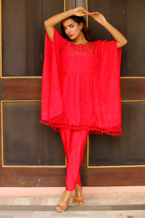 Viscose Silk Kaftan Co-Ord Set - Red