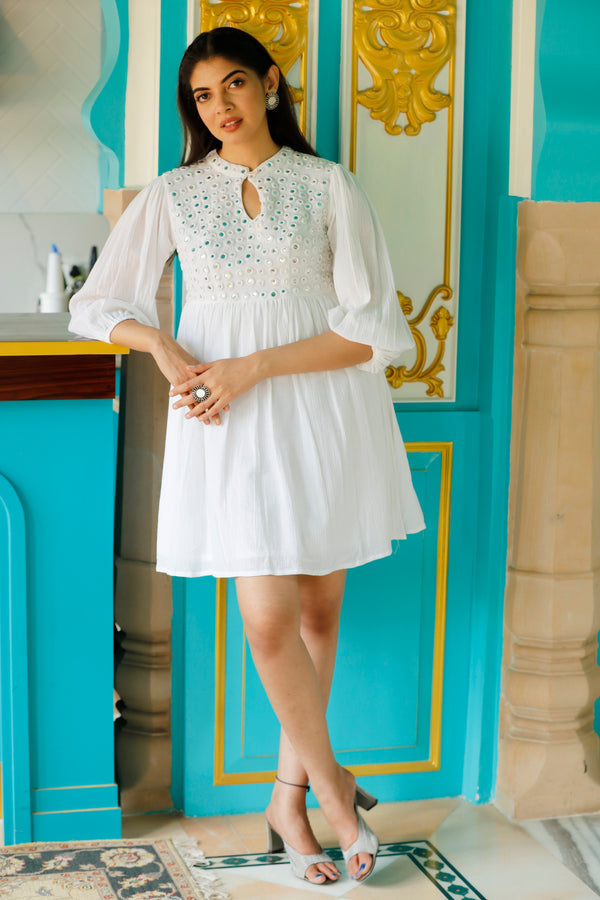 Fine Quality Cotton Crepe Mirror Work Dress - white