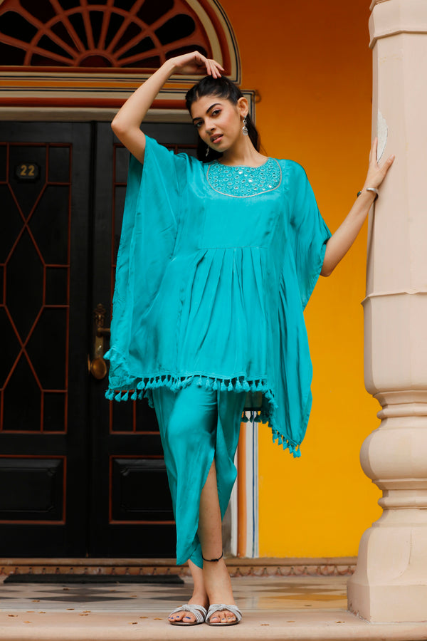 Viscose Silk Kaftan Co-Ord Set - Turquoise