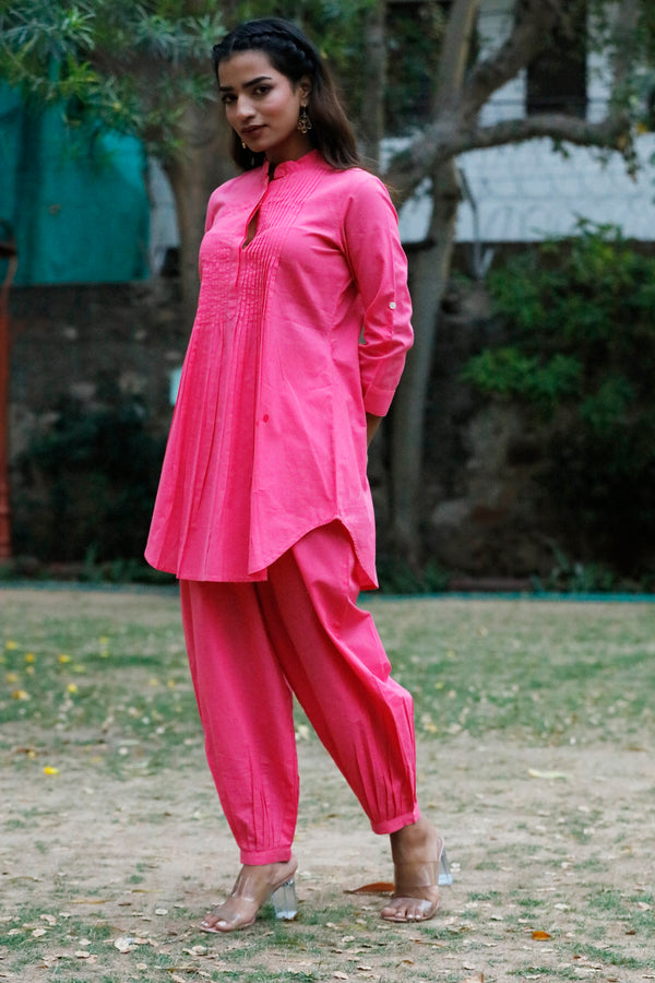 Cotton Pintuck Tunic Co-Ord - Dark Pink