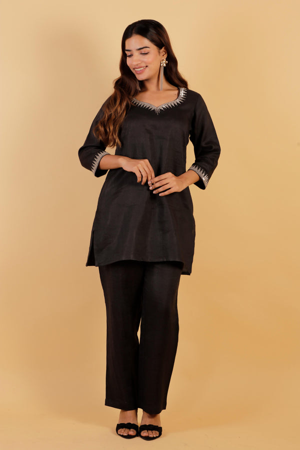 Black Pure Linen Hand Embroidered Co-Ord Set