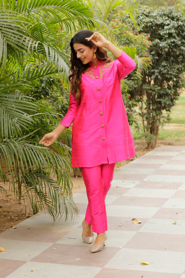 Pure Silk Dupion Hand- Embroidered Co-Ord Set