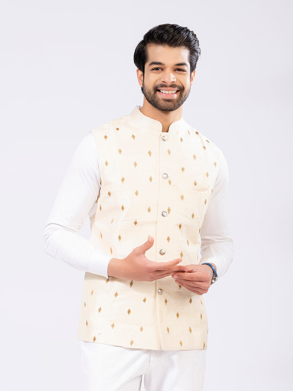 Off White Dupion Silk Nehru jacket with Adda embroidery By INAAYA JAIPUR