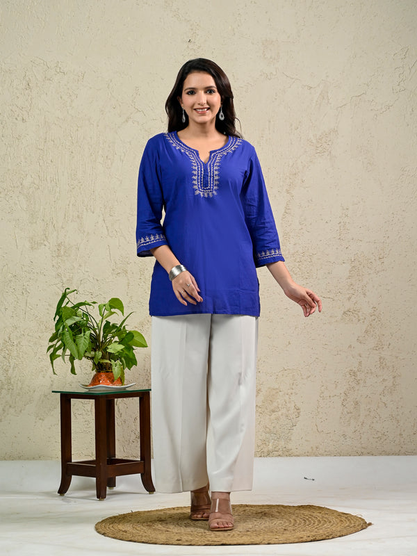 Royal Blue Casual Cotton Aari Embroidery Kurta