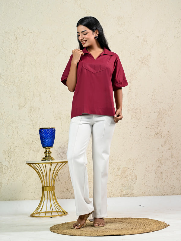 MAROON COTTON SHORT LACE TOP