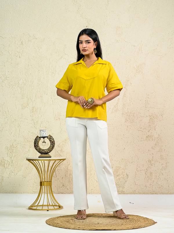 MUSTARD COTTON SHORT LACE TOP