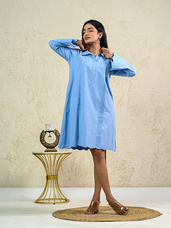 Light BLUE Cotton Poplin scalloped dress