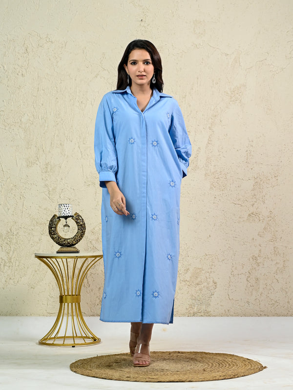 LIGHT BLUE LONG EMBROIDERY SHIRT DRESS