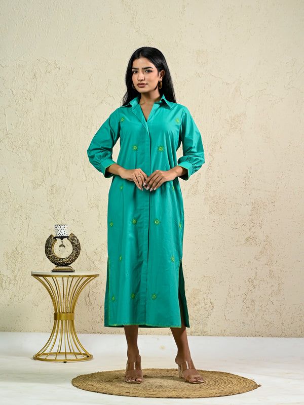 GREEN LONG EMBROIDERY SHIRT DRESS