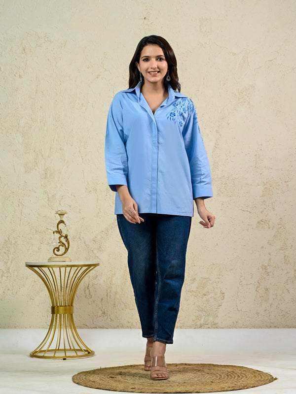 POPLIN LIGHT BLUE EMBROIDERY SHIRT