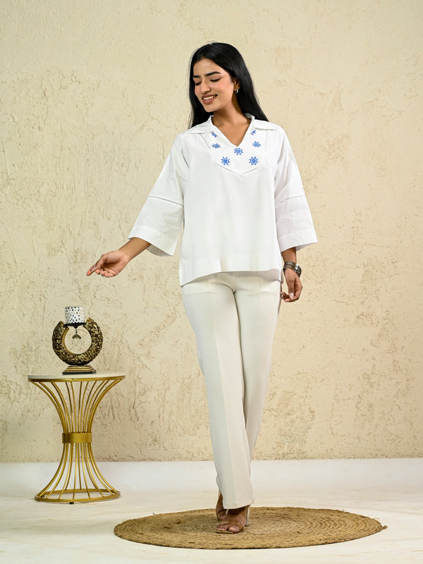 White Poplin Short Embroidery TOP